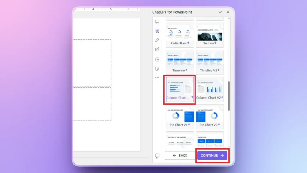 Screenshot of ChatGPT for PowerPoint interface showing slide template options with Column Chart highlighted.
