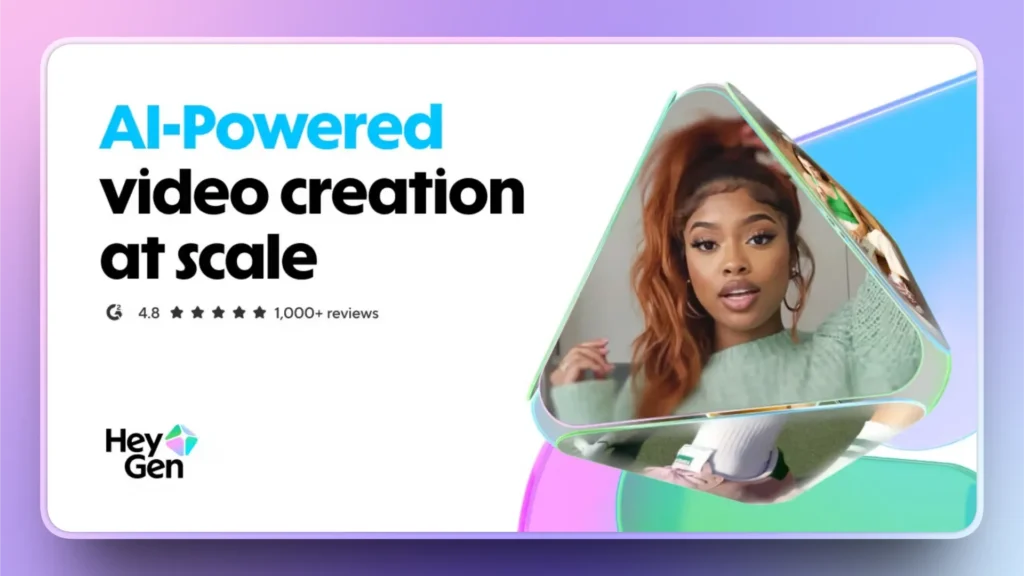 Promotional graphic for AI-powered video creation featuring a woman in a green sweater.