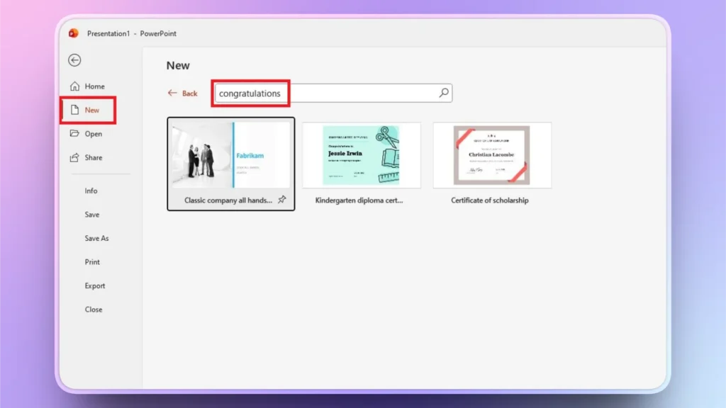 PowerPoint New Presentation screen with "congratulations" search and three template options.