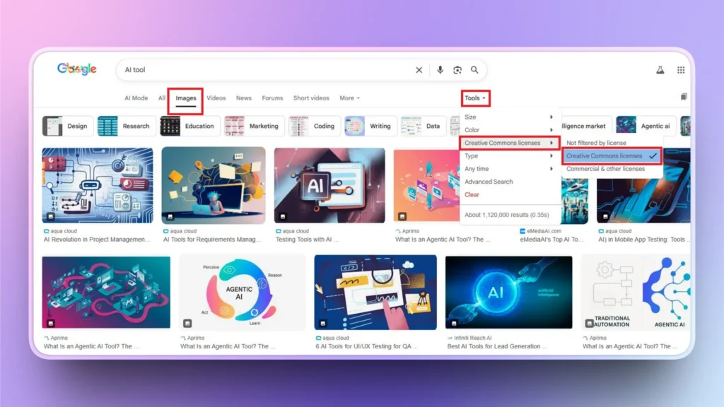 Screenshot of a Google Images search for "AI tool" with filters set to Creative Commons licenses.