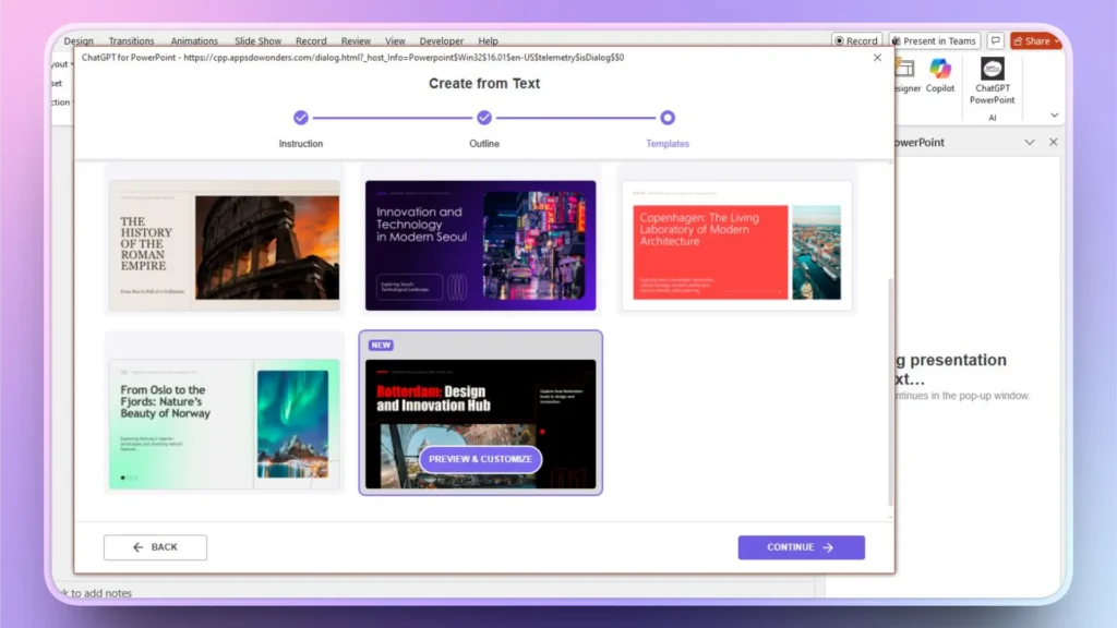 Screenshot of a PowerPoint add-in displaying presentation template options with various city and history themes.