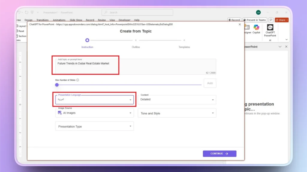 Screenshot of PowerPoint add-in interface displaying "Create from Topic" with input "Future Trends in Dubai Real Estate Market" and presentation language set to Arabic.