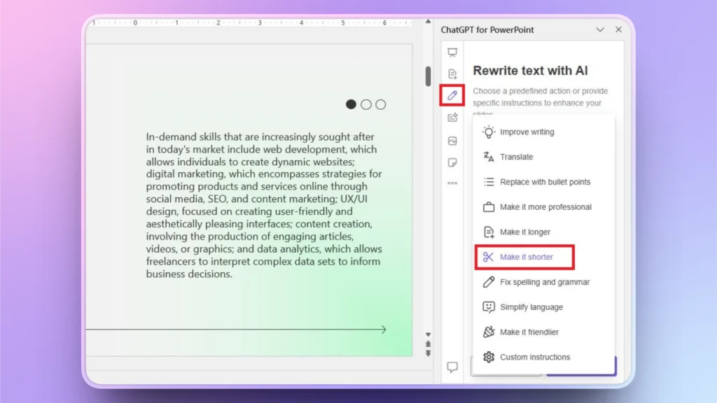 Screenshot of ChatGPT for PowerPoint interface showing text editing options with "Make it shorter" highlighted.