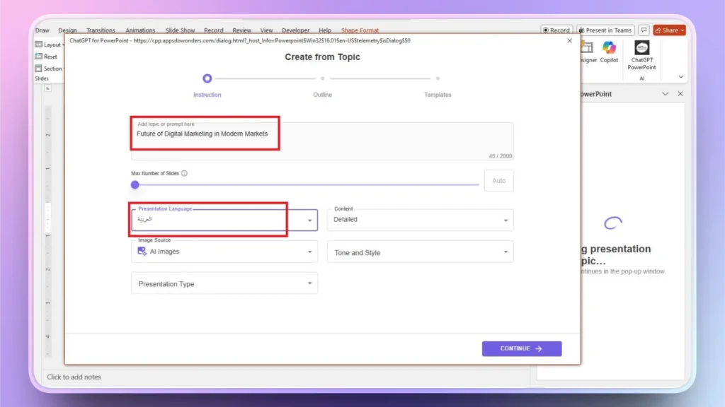 Screenshot of a PowerPoint add-in interface with "Future of Digital Marketing in Modern Markets" topic and presentation language set to Arabic.