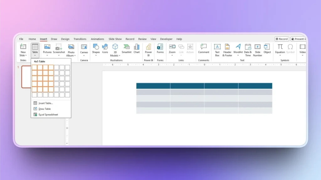 Screenshot of a presentation software interface inserting a 4x5 table with blue and gray shading.