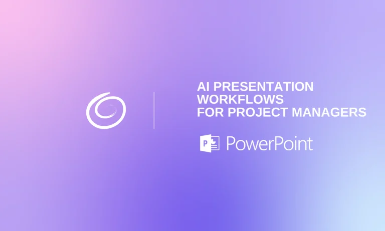 Gradient purple and pink background with white swirl logo and text "AI Presentation Workflows for Project Managers" and PowerPoint icon.