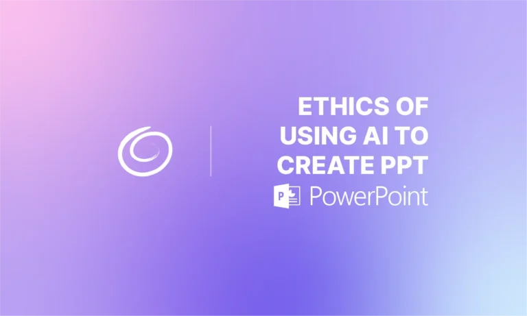 Slide with purple gradient background, white spiral logo, and text "Ethics of Using AI to Create PPT" with PowerPoint icon.