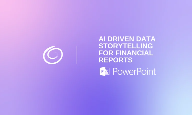 Gradient purple and pink background with white spiral logo and text "AI driven data storytelling for financial reports" and PowerPoint icon.