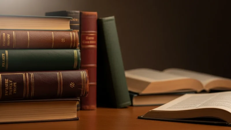 Stack of vintage hardcover books with leather bindings and open books on wooden surface.