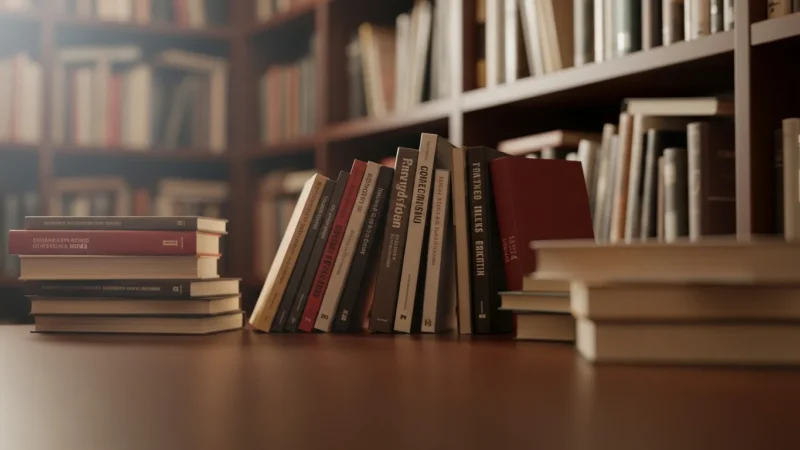 Books neatly arranged on a wooden table in a softly lit library with shelves in the background.