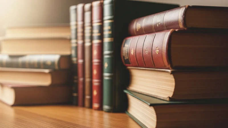 Stack of vintage hardcover books with leather bindings on wooden surface.