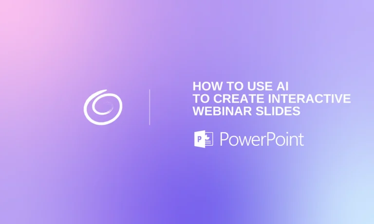 Gradient purple and pink background with white text reading "How to use AI to create interactive webinar slides" and PowerPoint logo.