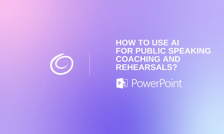 Gradient purple and pink background with white spiral logo and text "How to use AI for public speaking coaching and rehearsals?" and PowerPoint icon.