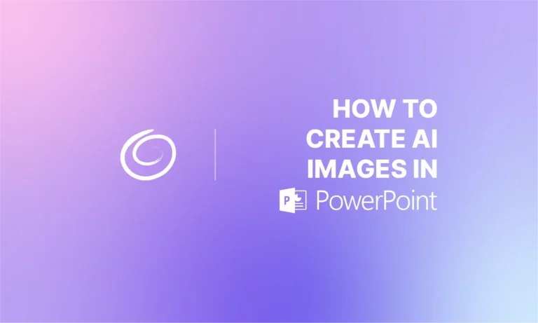 Gradient purple and pink background with white text "How to Create AI Images in PowerPoint" and logos.