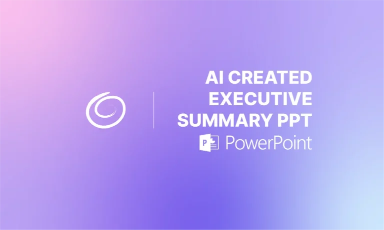 Gradient purple and pink background with text "AI Created Executive Summary PPT" and PowerPoint logo.