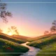 Sunset over a winding stream through green hills dotted with colorful wildflowers and sparse trees.