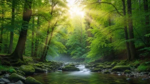 Sunlight filtering through lush green forest trees over a moss-covered rocky stream.