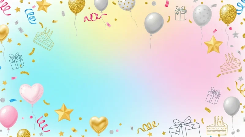 Pastel gradient background with gold, silver, pink balloons, stars, cake, and gift icons.