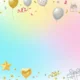 Pastel gradient background with gold, silver, pink balloons, stars, cake, and gift icons.