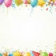 Colorful birthday-themed border with balloons, gifts, cupcakes, stars, and confetti on a white background.