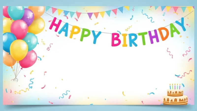 Colorful "Happy Birthday" banner with balloons, confetti, and a two-tiered birthday cake.