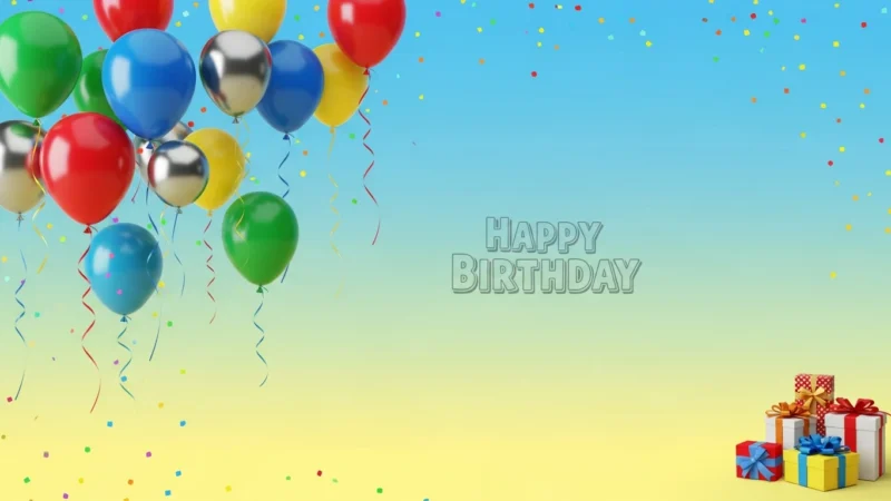 Colorful balloons on the left, confetti scattered, "Happy Birthday" text center-right, gift boxes on bottom right.