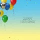 Colorful balloons on the left, confetti scattered, "Happy Birthday" text center-right, gift boxes on bottom right.