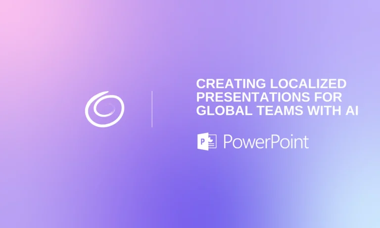 Gradient purple background with white swirl logo and text "Creating localized presentations for global teams with AI PowerPoint.
