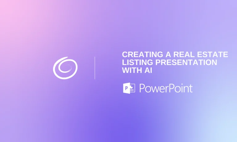 Gradient background in purple and pink with white swirl logo and text "Creating a Real Estate Listing Presentation with AI" and PowerPoint logo.