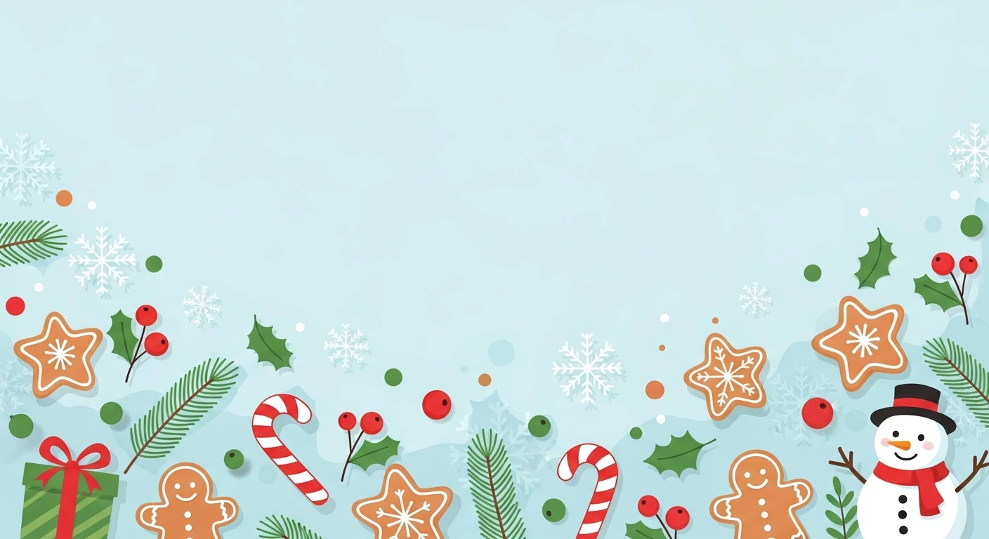 Festive Christmas border with gingerbread cookies, candy canes, holly, pine branches, gift box, and snowman.