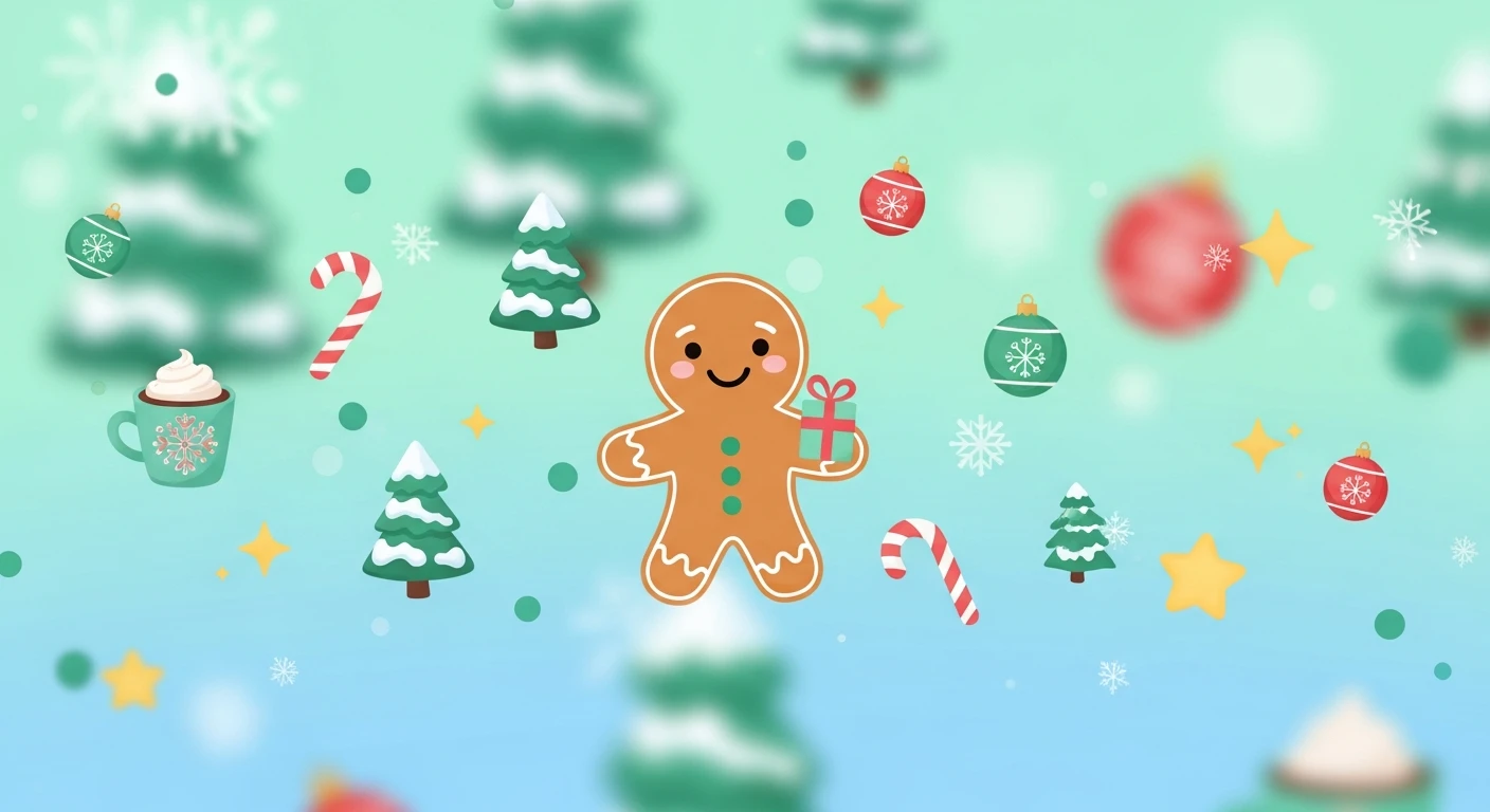 Illustration of a smiling gingerbread man holding a gift, surrounded by Christmas trees, candy canes, ornaments, stars, and a cup with whipped cream.