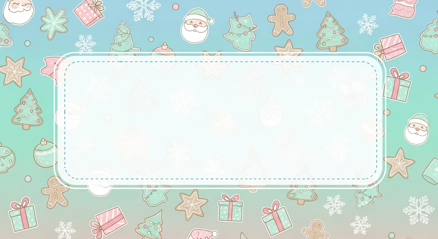 Festive holiday background with Christmas cookies, gifts, snowflakes, and Santa faces.
