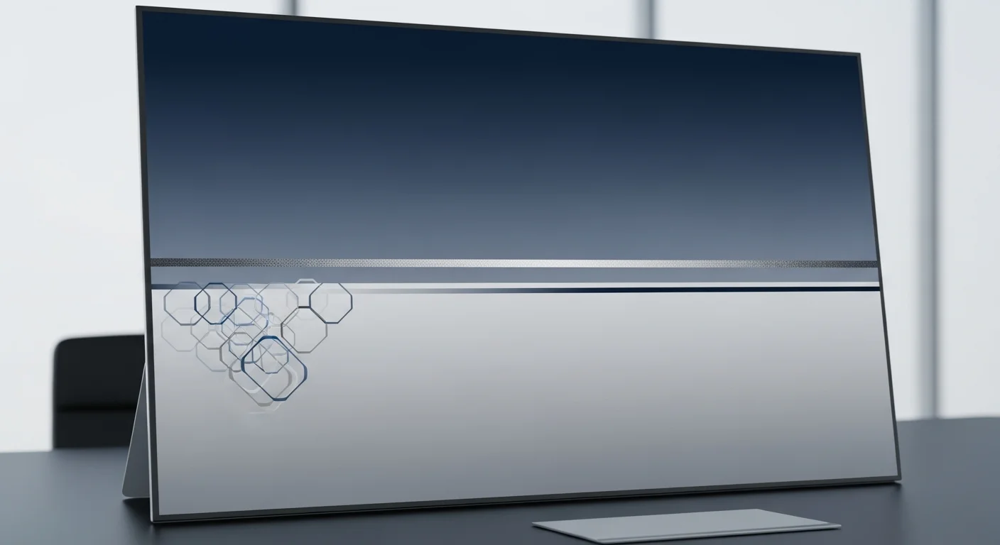 Modern widescreen monitor with geometric hexagon design on lower left corner, placed on black desk.