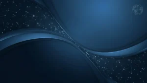 Abstract dark blue background with curved lines and interconnected light dots forming a network pattern.