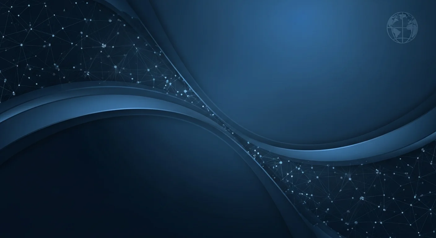 Abstract dark blue background with curved lines and interconnected light dots forming a network pattern.