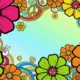 Colorful psychedelic flowers and peace symbols with a blue and green gradient background.