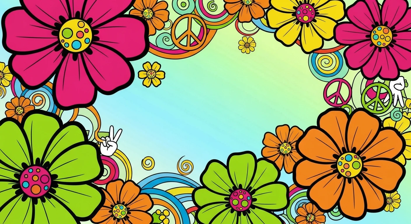 Colorful psychedelic flowers and peace symbols with a blue and green gradient background.