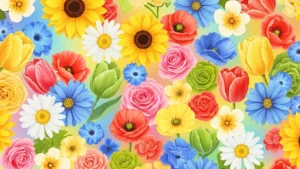 Colorful digital illustration of various flowers including sunflowers, roses, daisies, tulips, and poppies.