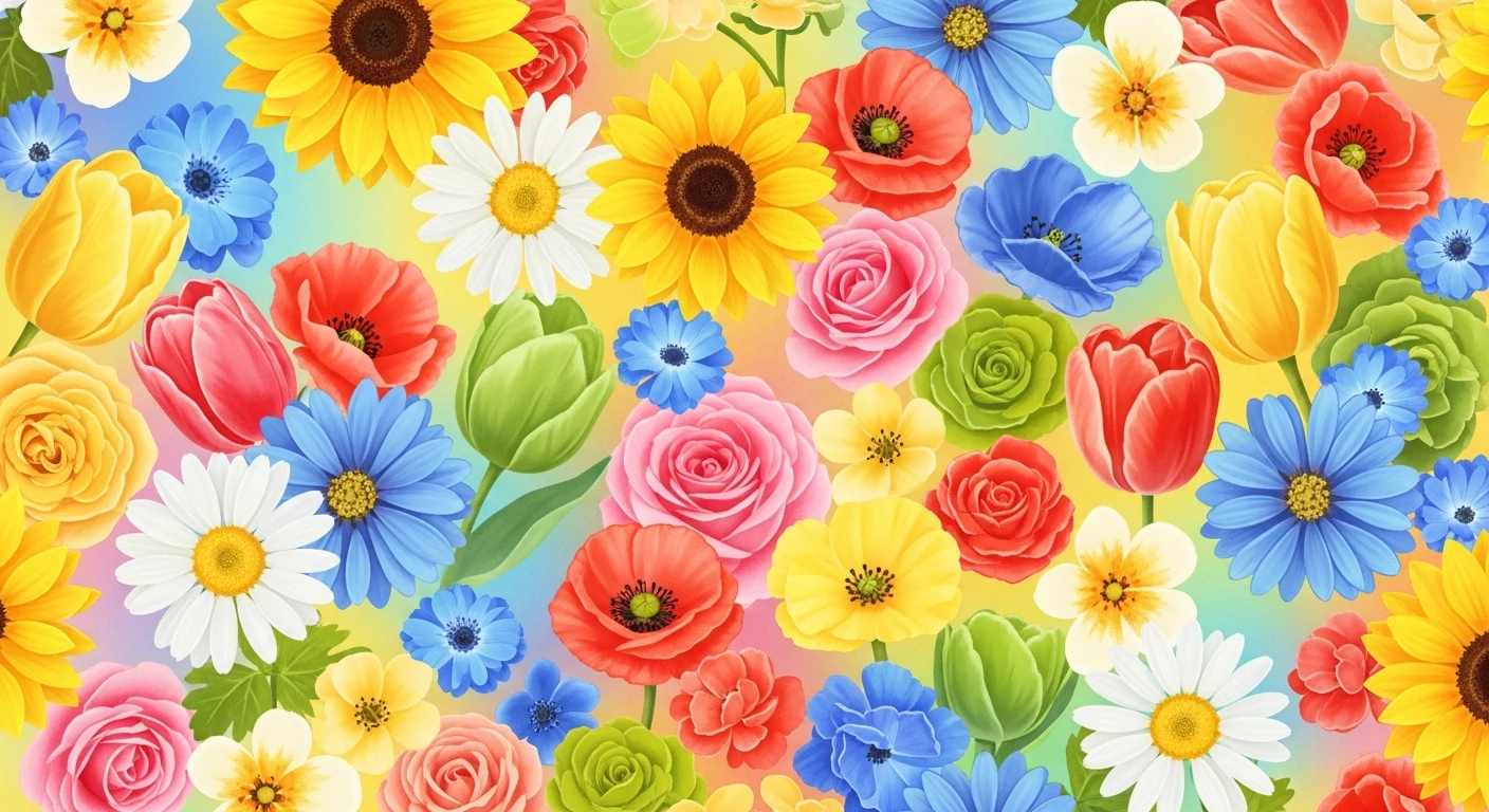 Colorful digital illustration of various flowers including sunflowers, roses, daisies, tulips, and poppies.