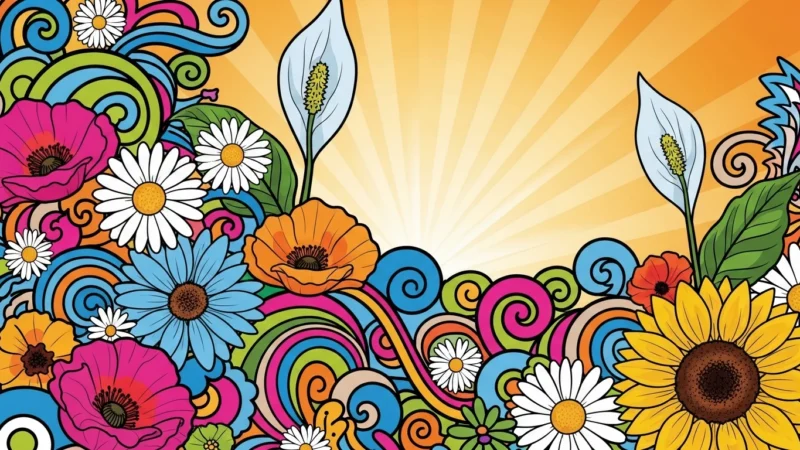 flower powerpoint background.764Z Colorful floral and swirl pattern with daisies, sunflowers, poppies, and abstract shapes.