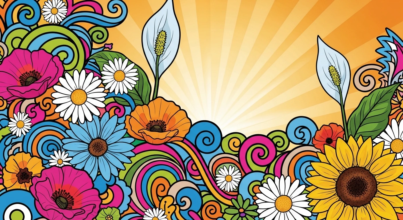 Colorful floral and swirl pattern with daisies, sunflowers, poppies, and abstract shapes.