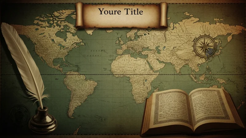 Antique world map background with quill, inkpot, and open book with cursive text.