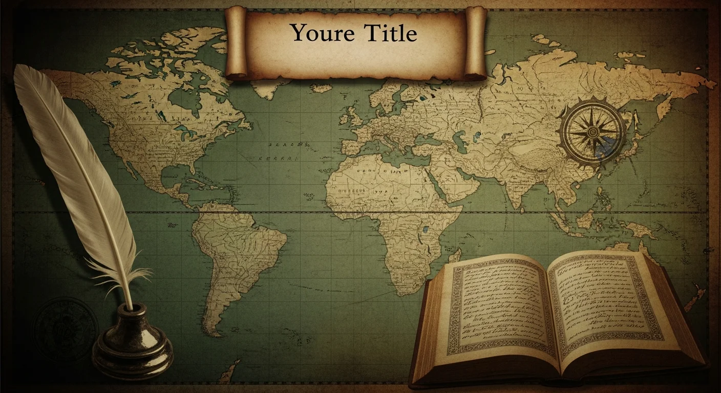 Antique world map background with quill, inkpot, and open book with cursive text.