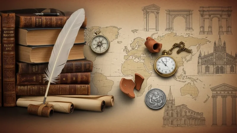 Stack of antique books, quill, scrolls, compass, pocket watch, ancient coin, and map with architectural sketches.