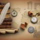 Stack of antique books, quill, scrolls, compass, pocket watch, ancient coin, and map with architectural sketches.