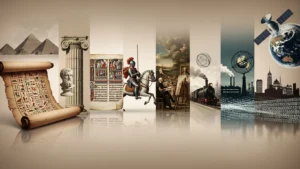 Collage depicting historical and technological progress from ancient pyramids to modern satellite and digital data.