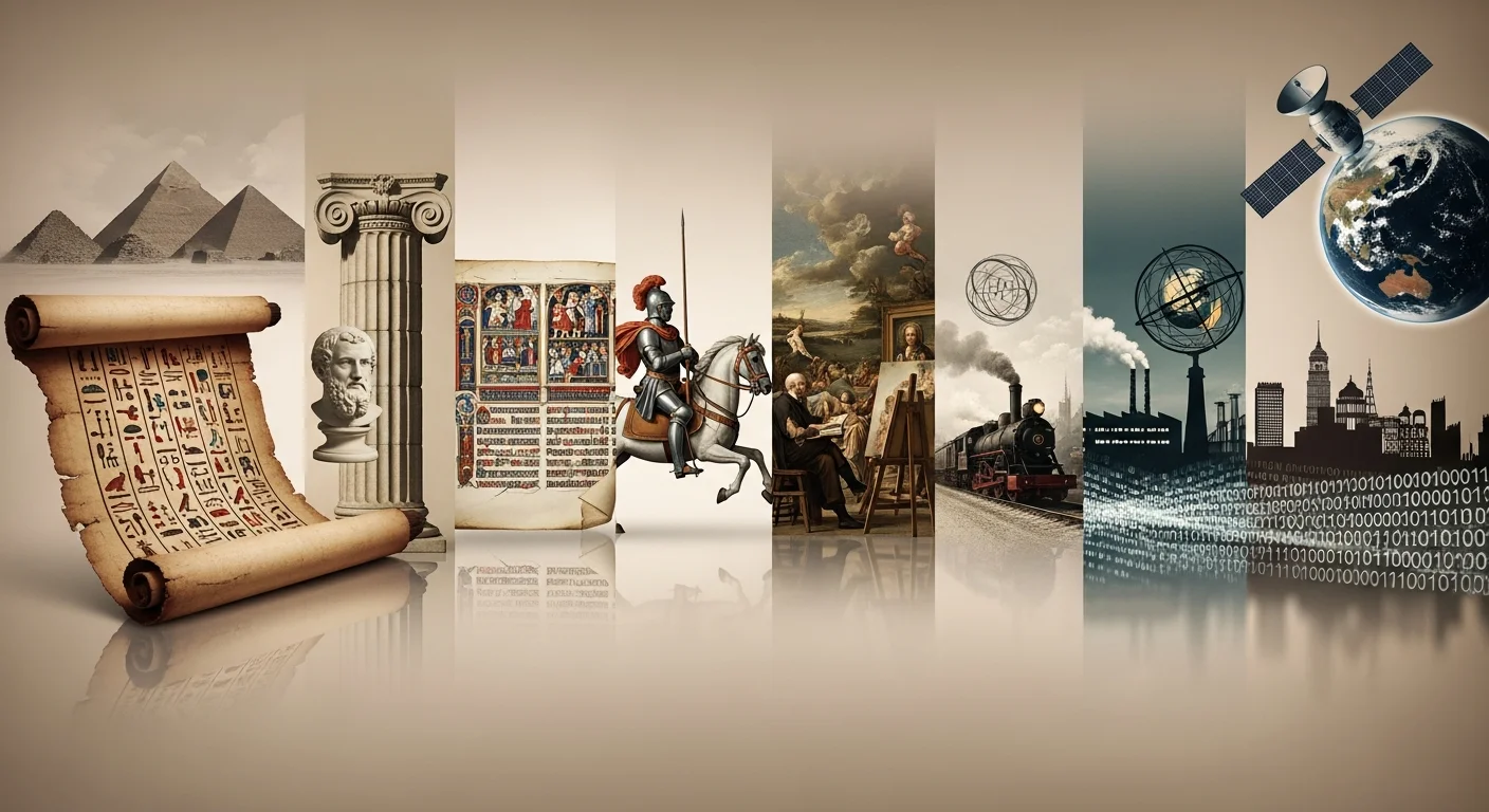 Collage depicting historical and technological progress from ancient pyramids to modern satellite and digital data.