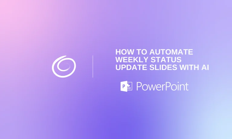 Gradient purple and pink background with text "How to automate weekly status update slides with AI" and PowerPoint logo.
