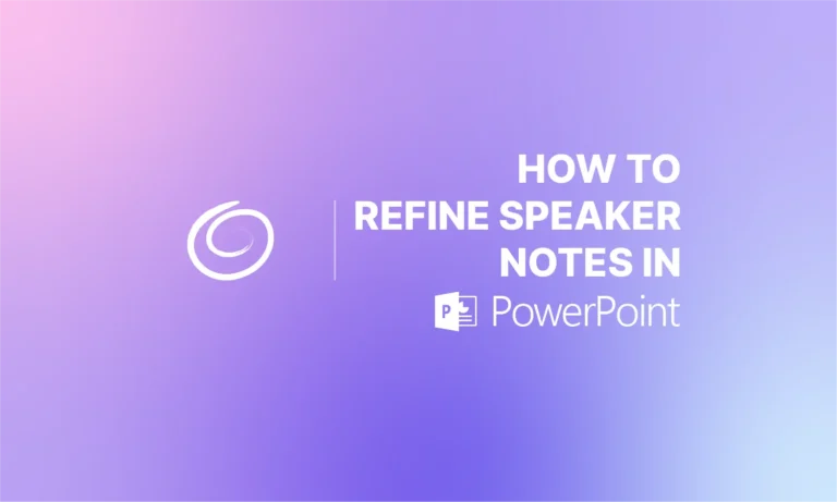 Gradient purple and pink background with text "How to refine speaker notes in PowerPoint" and PowerPoint icon.
