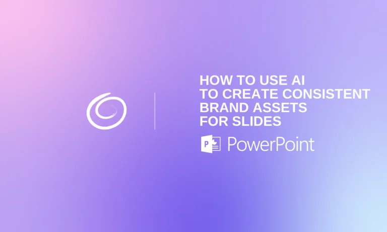 Gradient background with purple and pink hues, white swirl logo, and text reading "How to use AI to create consistent brand assets for slides" with PowerPoint logo.